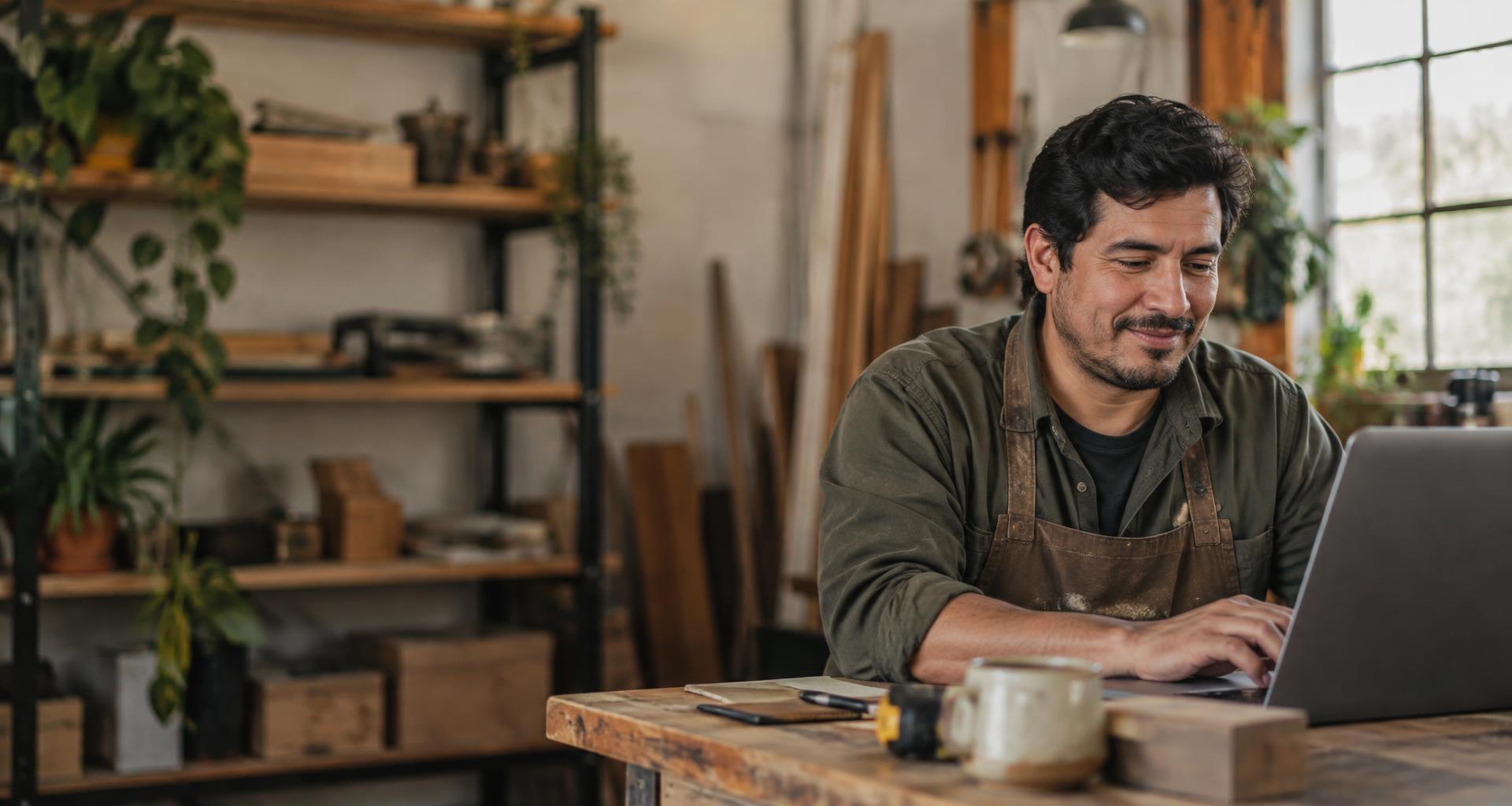 Un emprendedor hispano revisa sus números en MÍO desde su computadora y su celular